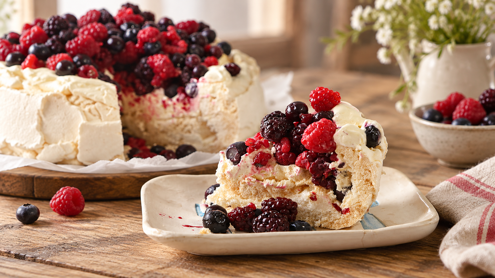 Pavlova artesanal con crema y frutos rojos, junto a una porción servida
